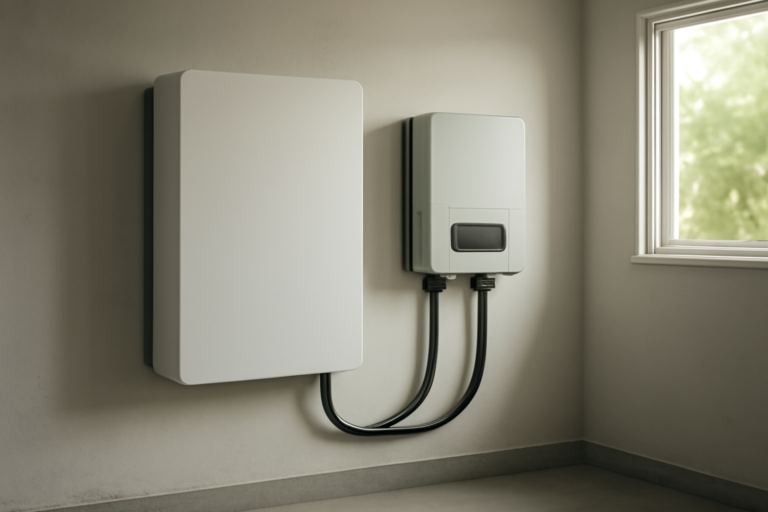 Unit baterai penyimpanan energi surya terpasang di dinding garasi rumah bersebelahan dengan inverter
