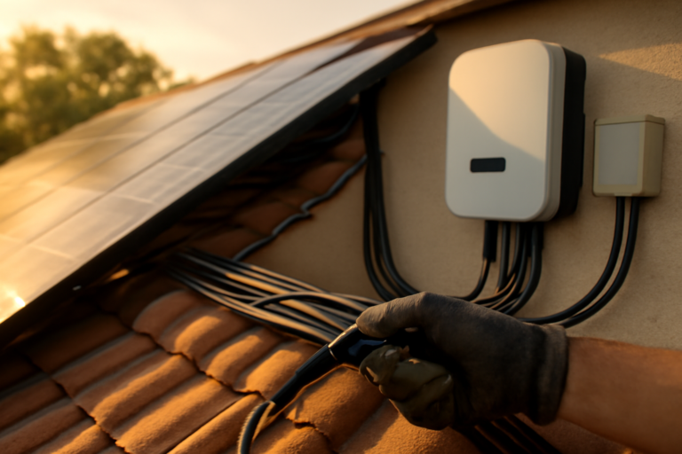 Pemasangan kabel panel surya di atap rumah menuju inverter dan kotak MCB