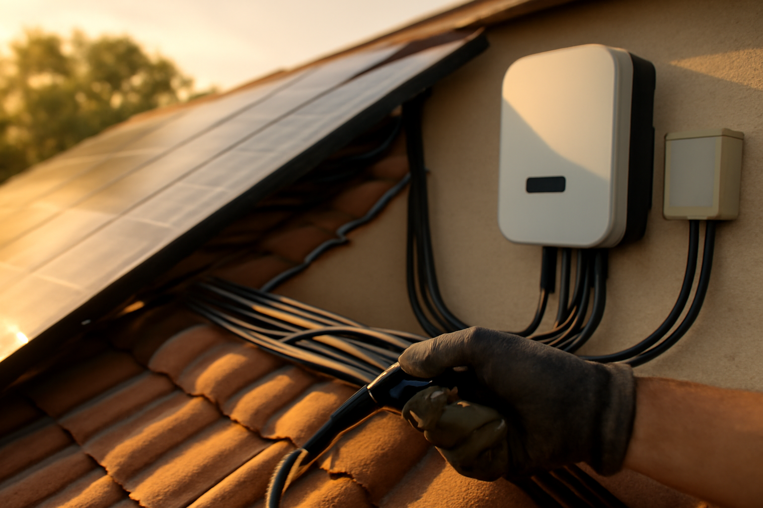 Pemasangan kabel panel surya di atap rumah menuju inverter dan kotak MCB