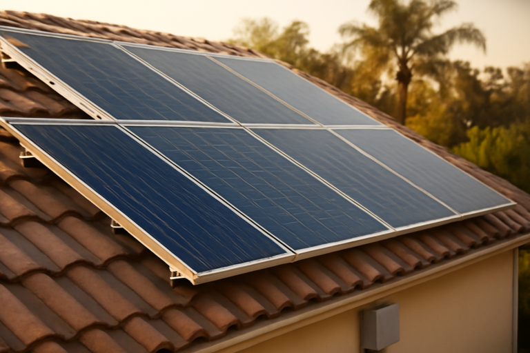 Deretan panel surya di atap rumah dengan bingkai aluminium dan inverter terpasang di dinding