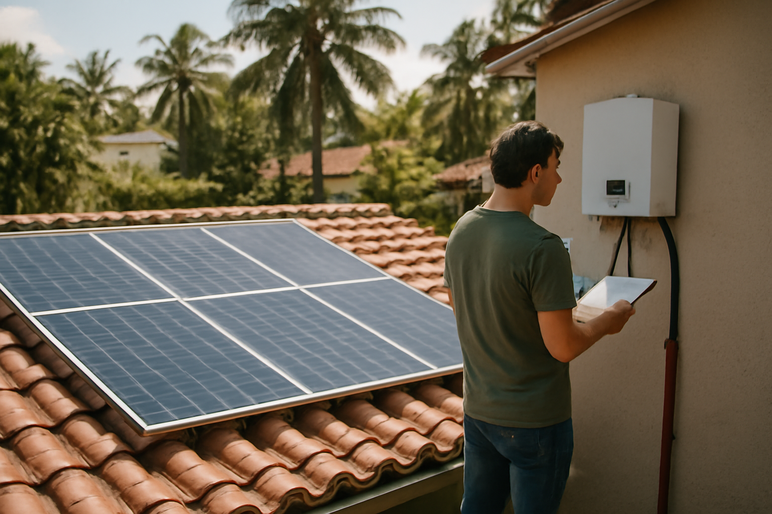 Pemilik rumah memeriksa inverter dan panel surya di atap untuk pengecekan kinerja bulanan